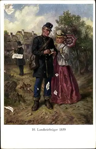 Künstler Ak Müller, Gustav, Landbriefträger um 1859, Frau mit Schirm, Sächsische Post