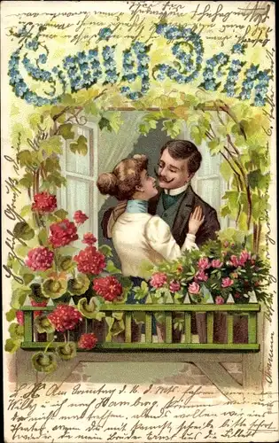 Litho Liebespaar küsst sich am Fenster