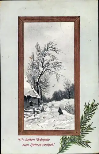 Ak Glückwunsch Neujahr, Winterlandschaft, Tannenzweig