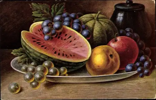Ak Stillleben, Obst, Früchte, Wassermelone, Weintrauben, Apfel