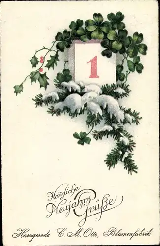 Ak Glückwunsch Neujahr, Kalenderblatt, Kleeblätter, Stechpalmenzweig, Blumenfabrik C. M. Otto