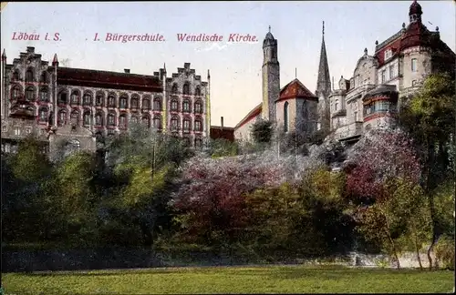 Ak Löbau in Sachsen, I. Bürgerschule, Wendische Kirche