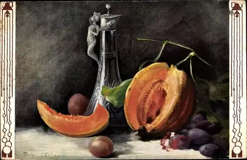 Künstler Ak Golay, Mary, Stillleben, Früchte, Melone, Karaffe
