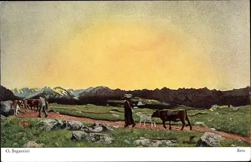 Künstler Ak Segantini, Giovanni, Sein, Bauern am Abend
