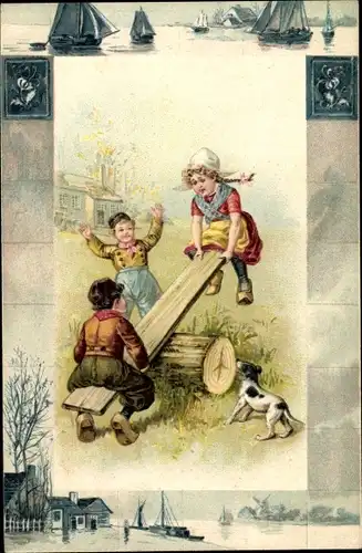 Künstler Ak Kinder in niederländischer Tracht, Wippe