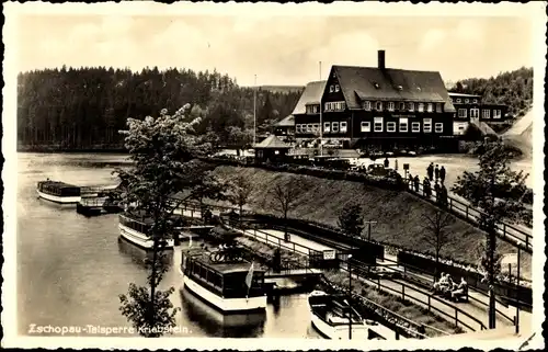 Ak Kriebstein Mittelsachsen, Motorboot Station, Gaststätte Talsperre