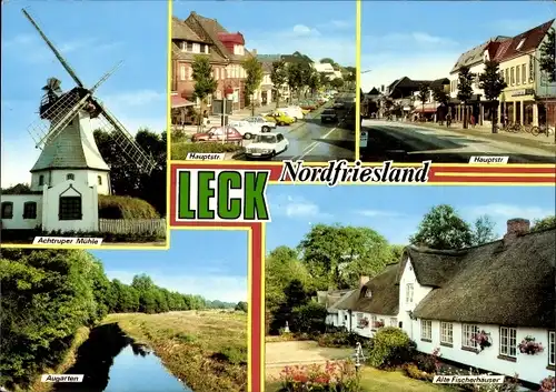 Ak Leck Schleswig Holstein, Windmühle, Augarten, Fischerhäuser, Hauptstraße