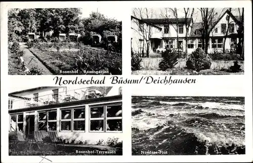Ak Nordseebad Büsum, Rosenhof, Rosengarten, Terrassen, Nordsee Flut