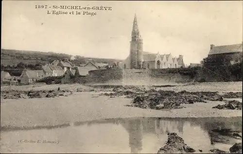 Ak Saint Michel en Greve Cotes d'Armor, L'Eglise et la Plage