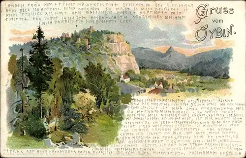 Litho Oybin in der Oberlausitz, Blick auf den Ort mit Berg Oybin