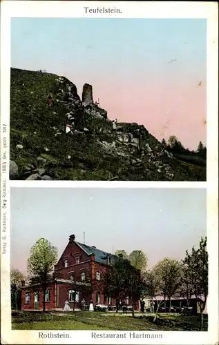 Ak Rothstein Rotstein Reichenbach in der Oberlausitz, Teufelstein, Restaurant Hartmann