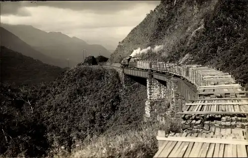 Foto Ak Curitiba Brasilien, Paranagua, Eisenbahn, Brücke, Holztransport