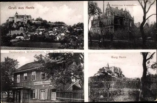 Ak Ranis in Thüringen, Blick auf den Ort, Burg, Krankenhaus, Restauration Wilhelmshain