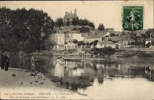 Ak Erigné Maine et Loire, Vue sur le Louet, vers le Chateau