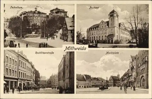 Ak Mittweida in Sachsen, Technikum, Postamt, Rochlitzer Straße, Marktplatz