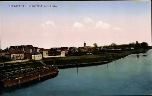 Ak Gröba Riesa an der Elbe Sachsen, Blick auf den Stadtteil mit Hafen, Lastenkähne