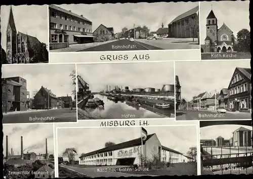 Ak Misburg Hannover in Niedersachsen, Kirchen, Bahnhofstraße, Hindenburg Schleuse, Hafen, Schule