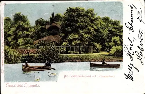 Ak Chemnitz Sachsen, Schlossteich Insel mit Schwanenhaus, Ruderboote