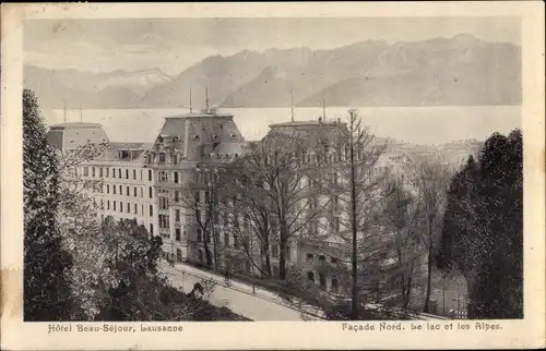 Ak Lausanne Kanton Waadt, Hotel Beau-Sejour, Nordfassade mit Blick auf den Genfer See und die Alpen