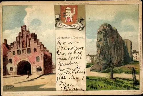 Wappen Künstler Litho Biese, C., Flensburg in Schleswig Holstein, Nordertor, Duburg