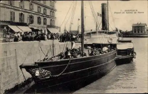 Ak Honfleur Calvados, Depart du bateau du Havre, Hotel du Cheval Blanc