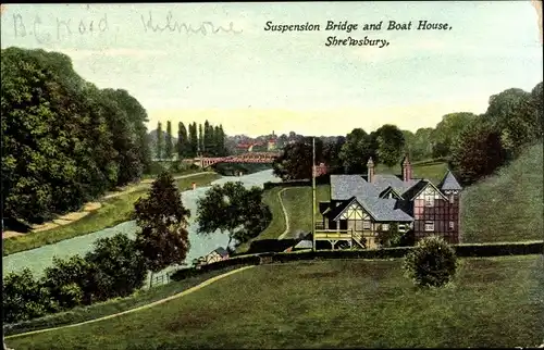 Ak Shrewsbury West Midlands England, Suspension Bridge and Boat House