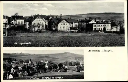 Ak Zschorlau Erzgebirge, Mittlerer Ortsteil, Kirche, Herzogstraße