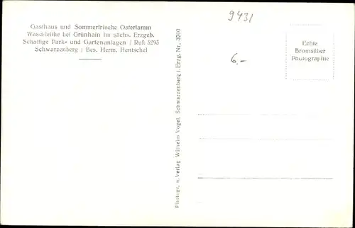 Ak Waschleithe Grünhain Beierfeld in Sachsen, Gasthaus und Sommerfrische Osterlamm