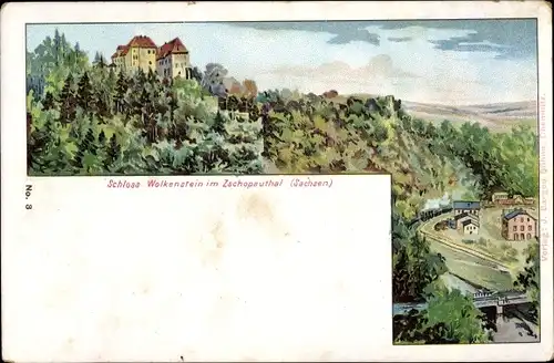 Litho Wolkenstein im Erzgebirge, Blick auf den Ort im Zschopautal, Schloss Wolkenstein