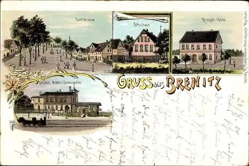 Litho Brenitz Sonnewalde Brandenburg, Krausch Haus, Schulhaus, Dorfstraße, Bahnhof