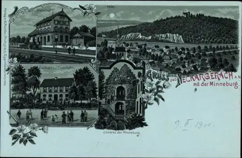 Mondschein Litho Neckargerach in Baden Württemberg, Minneburg, Gasthaus zur Eisenbahn, Bahnhof