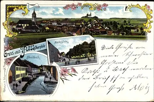 Litho Floß im Kreis Neustadt an der Waldnaab Oberpfalz, Marktplatz, Blick auf den Ort, Floßbach