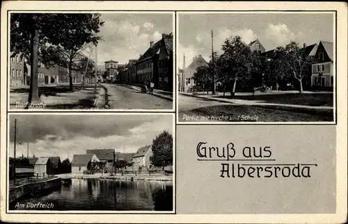 Ak Albersroda Steigra im Saalekreis, Partie mit Kirche und Schule, Dorfteich, Dorfstraße