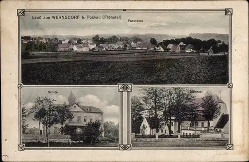 Ak Wernsdorf Pockau Lengefeld im Erzgebirge, Panorama, Schule, Rittergut