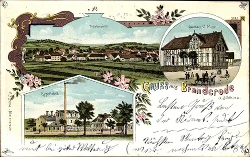 Litho Branderode Hohenstein Südharz Thüringen, Gasthaus, Totalansicht, Gipsfabrik