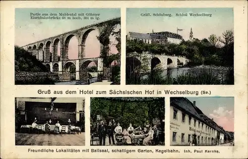 Ak Wechselburg in Sachsen, Hotel zum Sächsischen Hof, Schloss, Göhrner Eisenbahnbrücke