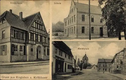 Ak Ringleben Bad Frankenhausen im Kyffhäuserkreis, Marktplatz, Schule, Kinderheim