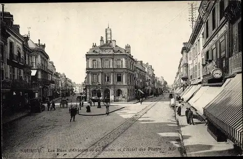 Ak Saumur Maine et Loire, La Rue d'Orleans et de Balzac et l'Hotel des Postes