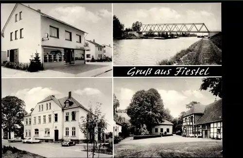 Ak Fiestel Espelkamp in Ostwestfalen Lippe, Geschäftshaus, Brücke, Fachwerkhaus