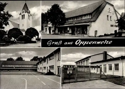 Ak Oppenwehe Stemwede in Westfalen, Kirche, Turnhalle, Edeka Markt, Gaststätte, Inh. Chr. Klinksieck