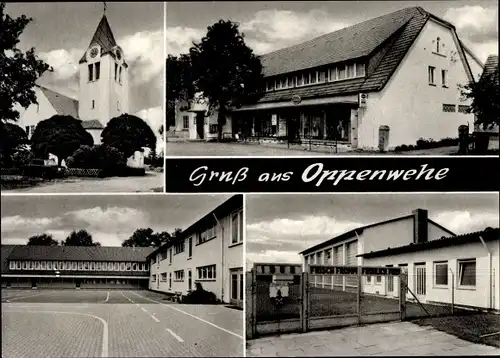 Ak Oppenwehe Stemwede in Westfalen, Kirche, Turnhalle, Edeka Markt, Gaststätte, Inh. Chr. Klinksieck