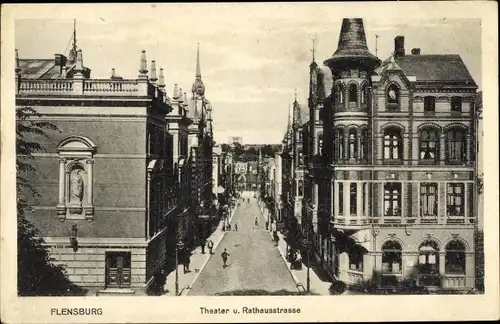 Ak Flensburg in Schleswig Holstein, Theaterstraße, Rathausstraße