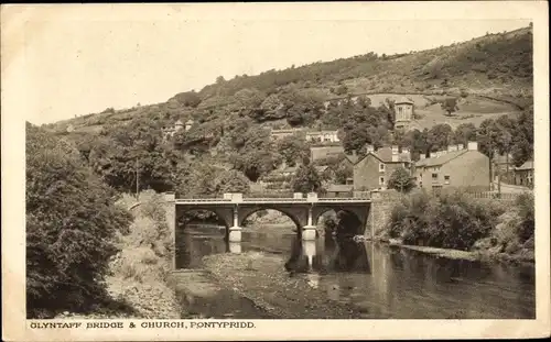 Ak Pontypridd Wales, Olyntaff Bridge and Church