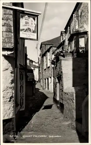 Ak Polperro Cornwall South West England, Straßenpartie, Cafe