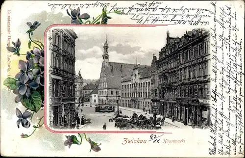 Passepartout Ak Zwickau in Sachsen, Hauptmarkt, Veilchen, Rathaus