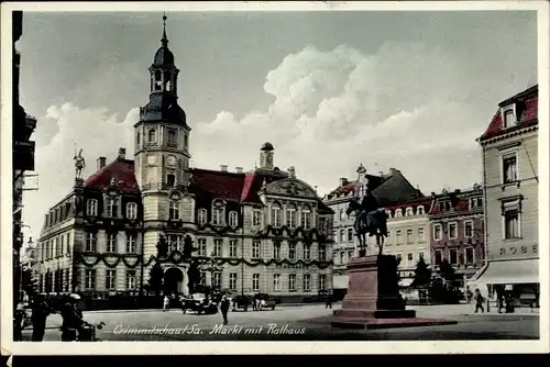 Ak Crimmitschau in Sachsen, Markt mit Rathaus, Reiterstandbild