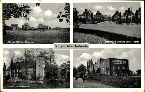 Ak Vluyn Dickescheheide am Niederrhein, Schule, Schloss Bloemersheim, Geschäft H. Lange, Siedlung