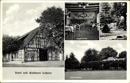 Ak Sankt Hülfe Diepholz Niedersachsen, Gasthof Lohaus, Jagdzimmer, Tennisplatz, Garten