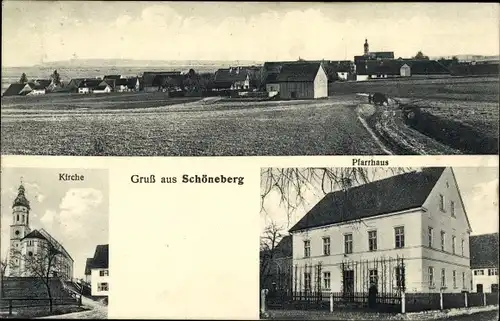Ak Schöneberg Pfaffenhausen in Bayern, Kirche, Pfarrhaus, Panorama