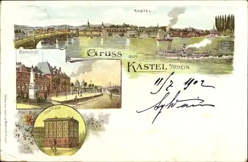 Litho Mainz Kastel Wiesbaden in Hessen, Bahnhof, Stadthaus, Panorama, Salondampfer